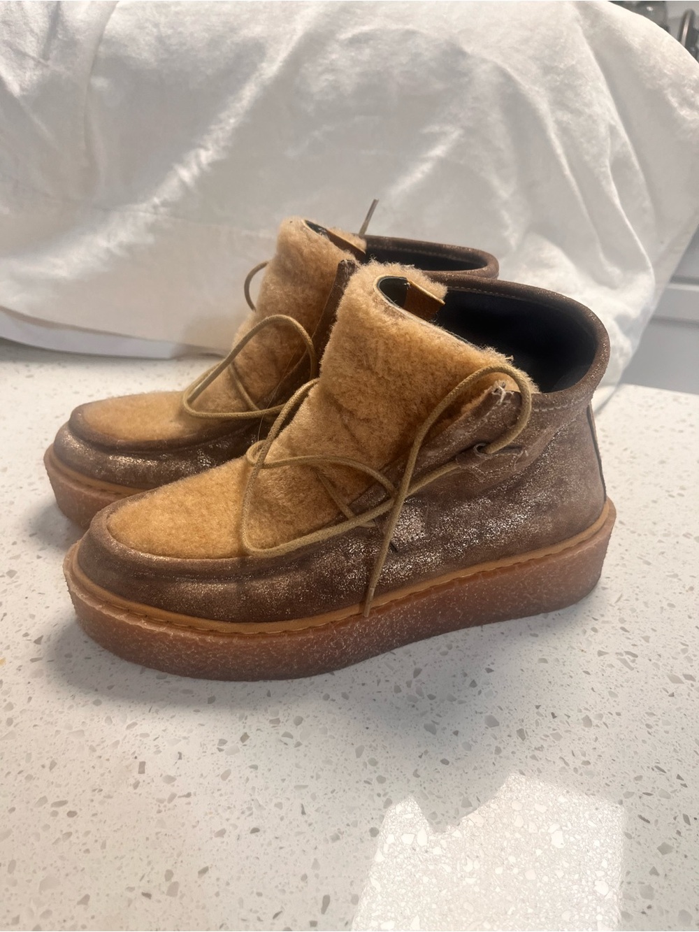 Free People Kids Tan and Brown Fuzzy Ankle Boots